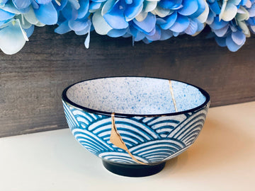 Kintsugi Repaired Blue Stoneware Scale Pattern Bowl